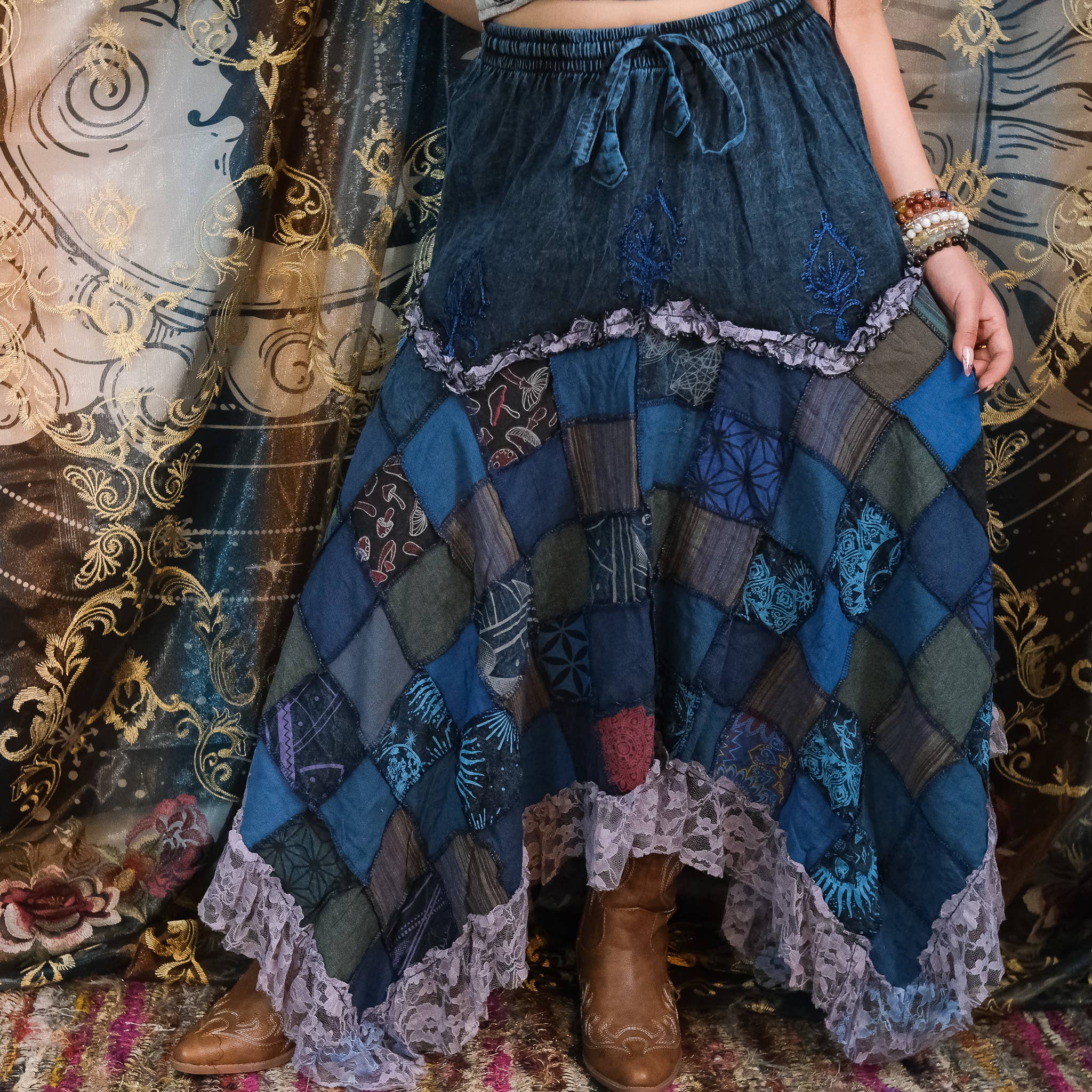 Patchwork Asymmetrical Flowy Skirt with Lace