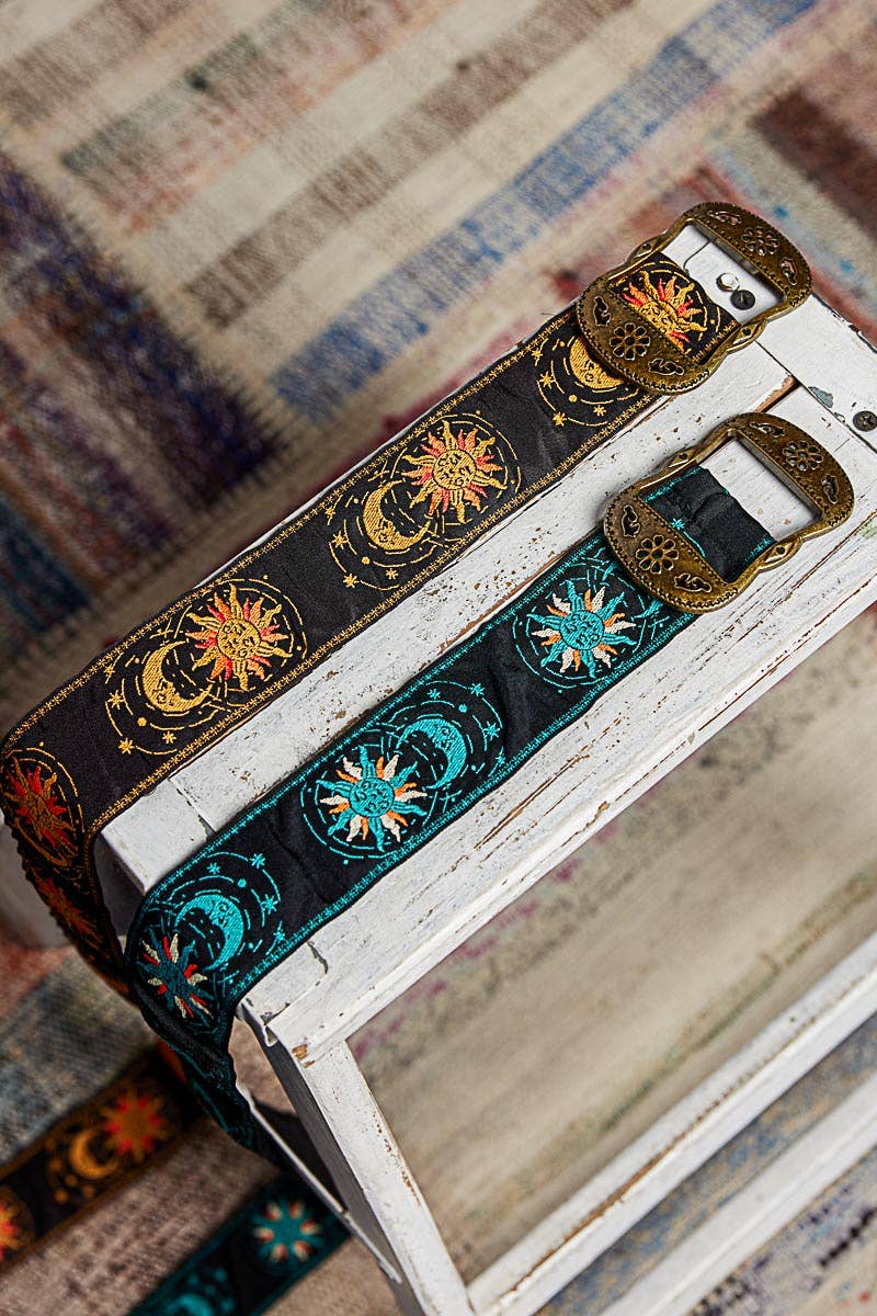 Celestial Embroidered Boho Belt Metal Buckle