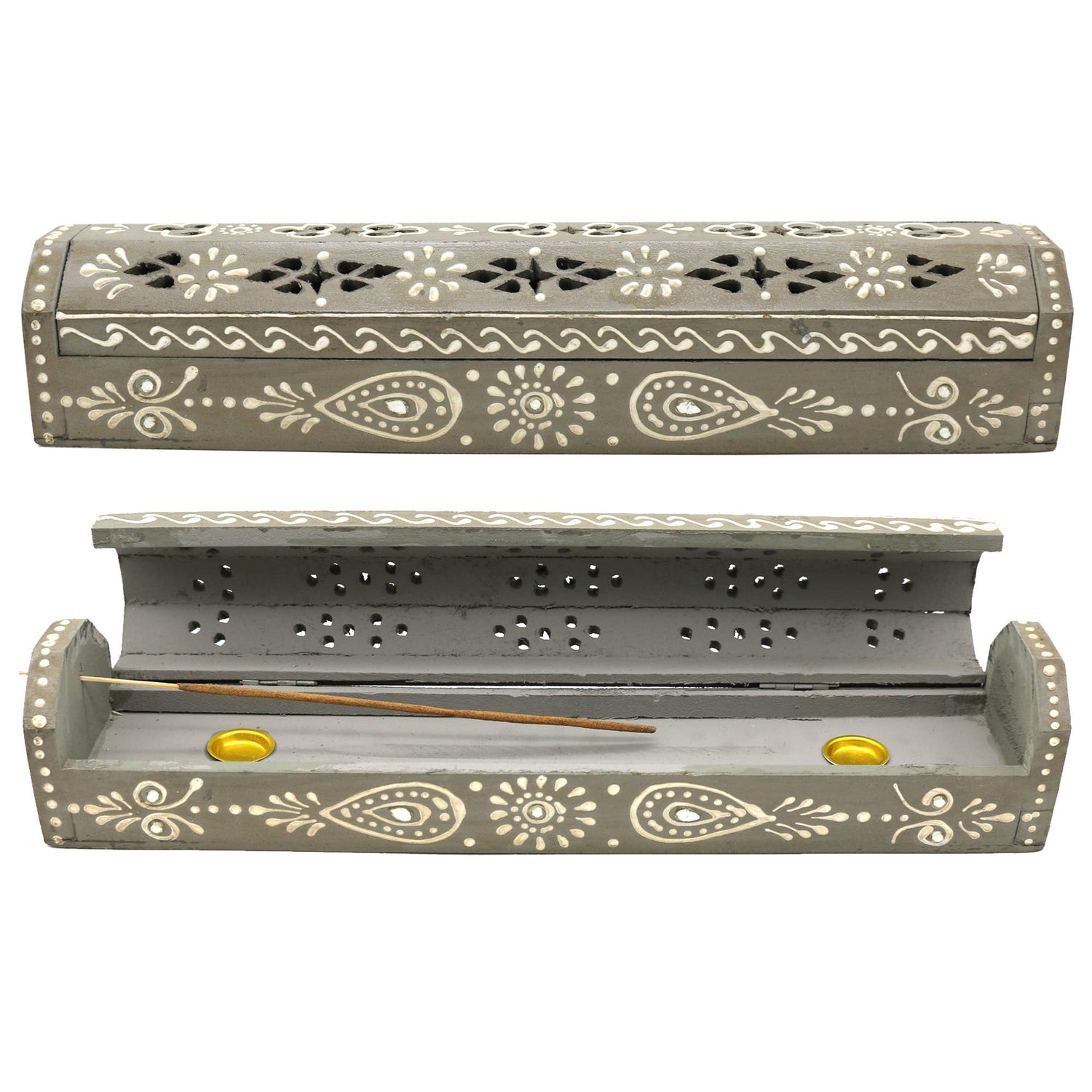 Gray Hand Painted Wooden Incense Box (12 in.)
