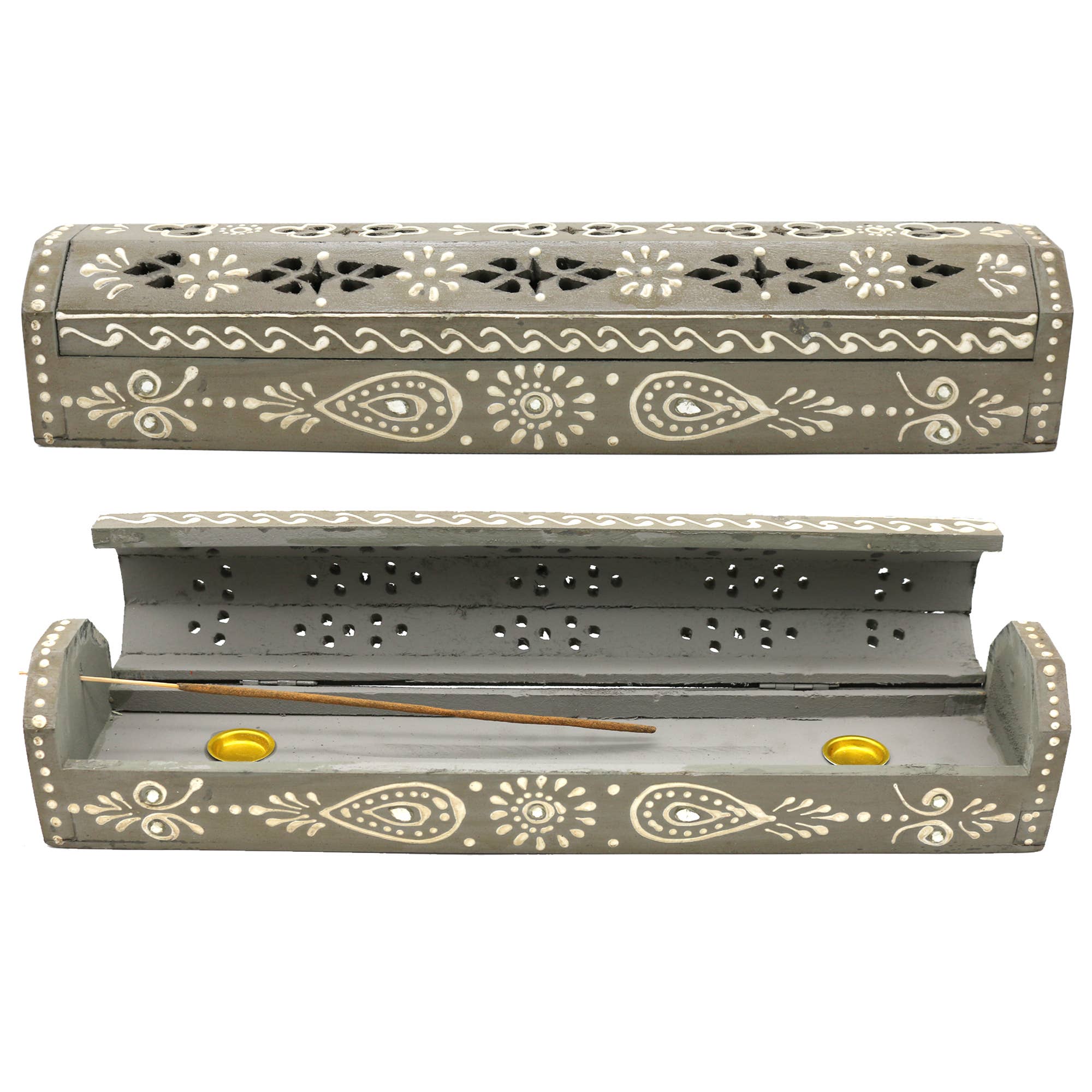 Gray Hand Painted Wooden Incense Box (12 in.)