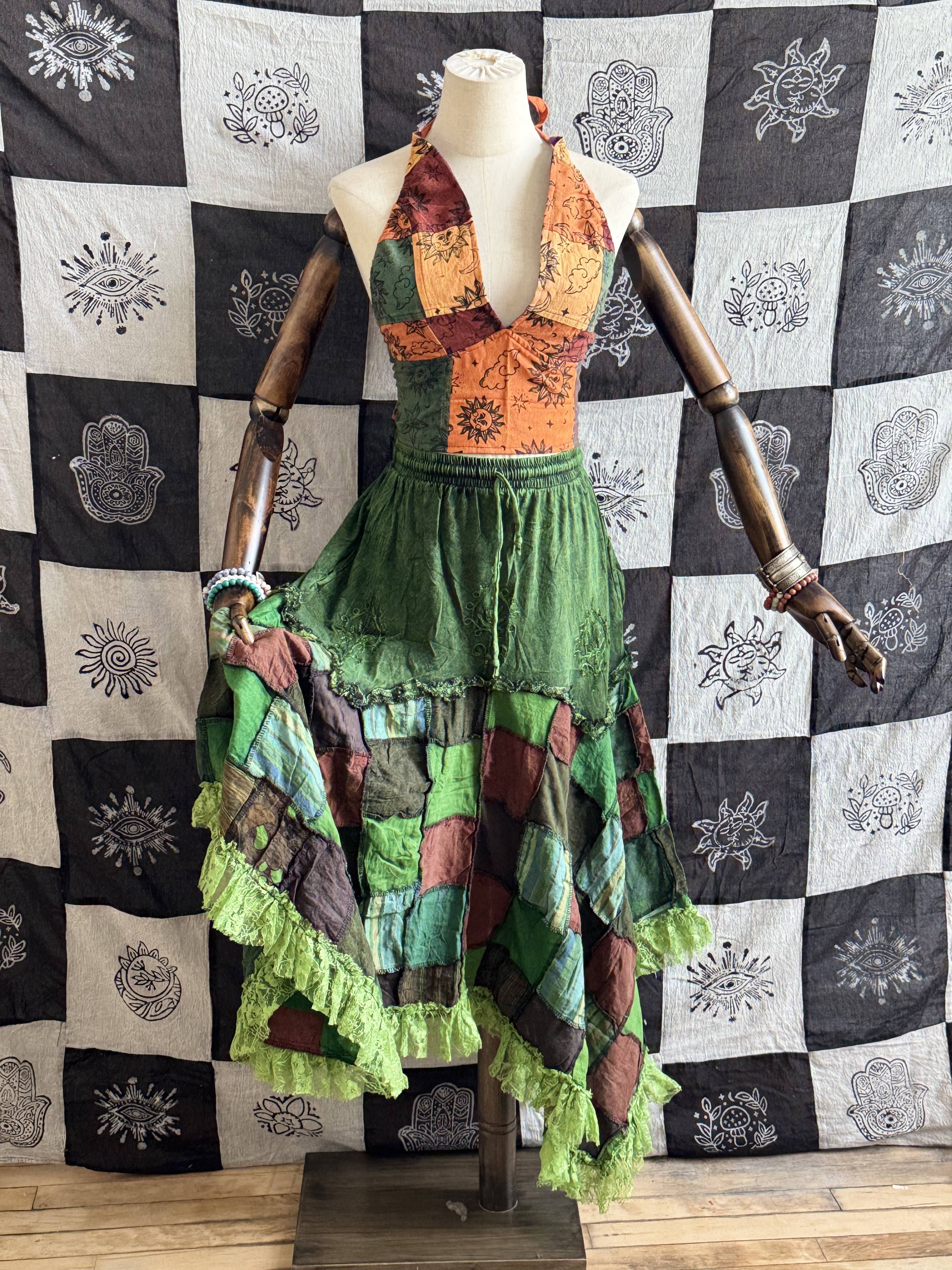 Patchwork Asymmetrical Flowy Skirt with Lace