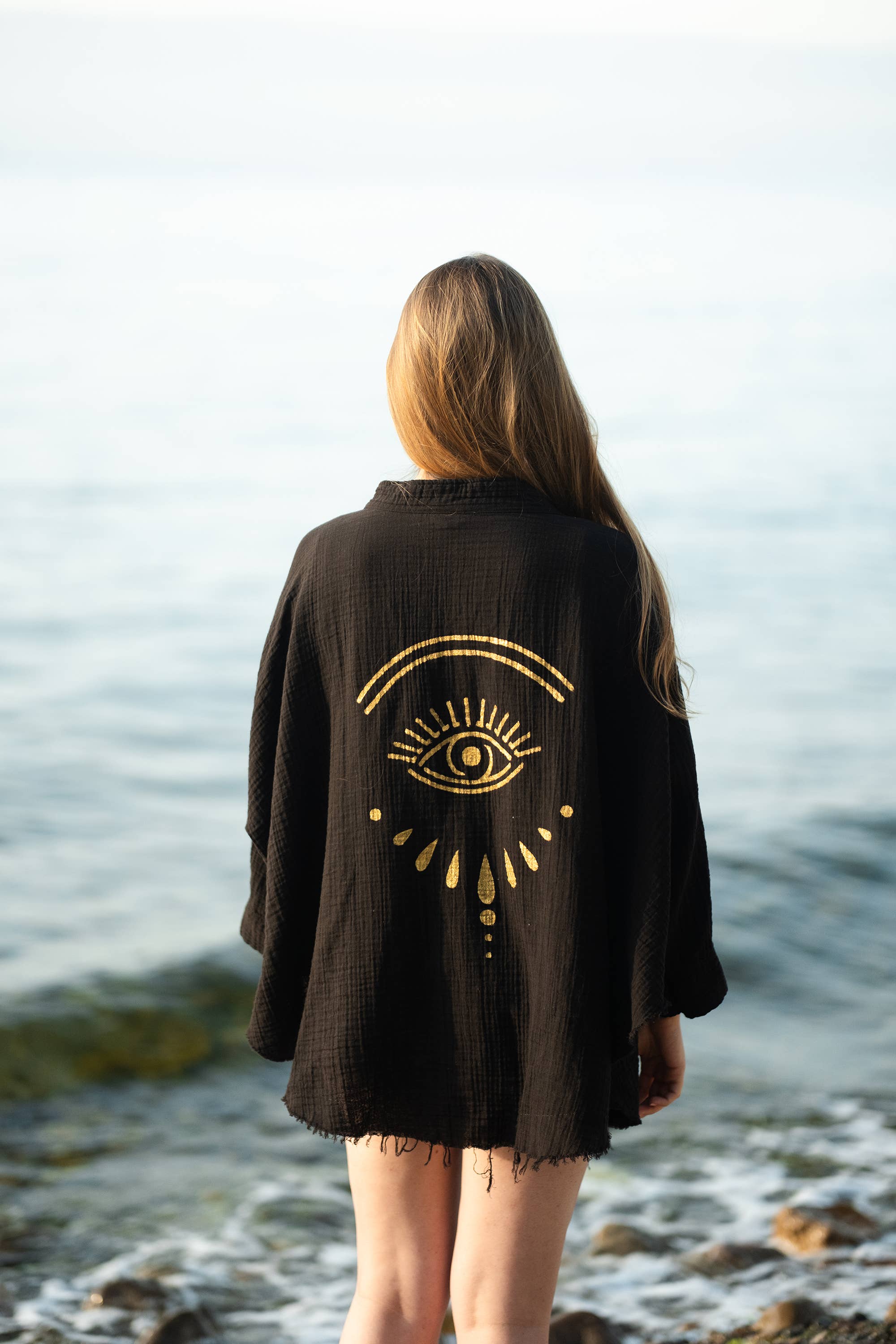 Evil Eye Muslin Kimono Robe Black