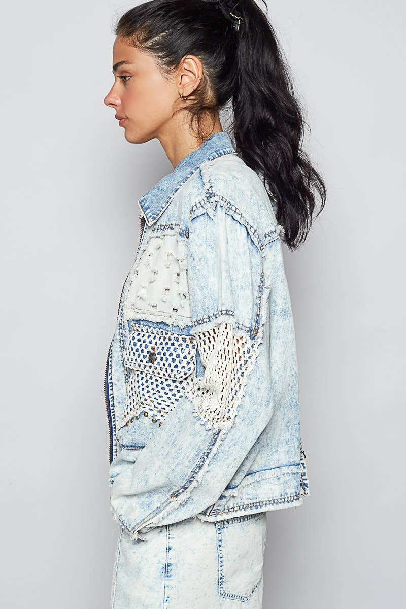 Long sleeve stud 3D cargo pockets denim jacket