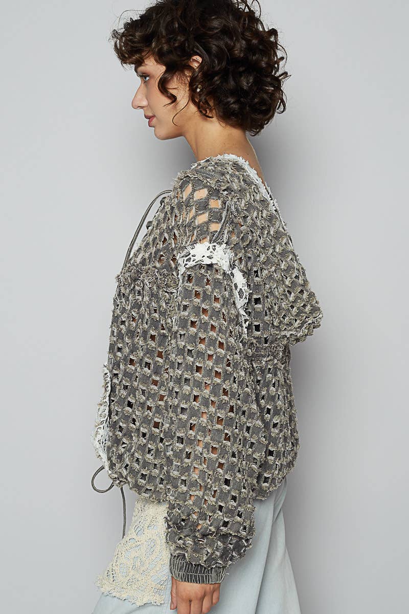 Long sleeve contrast lace crochet hooded top