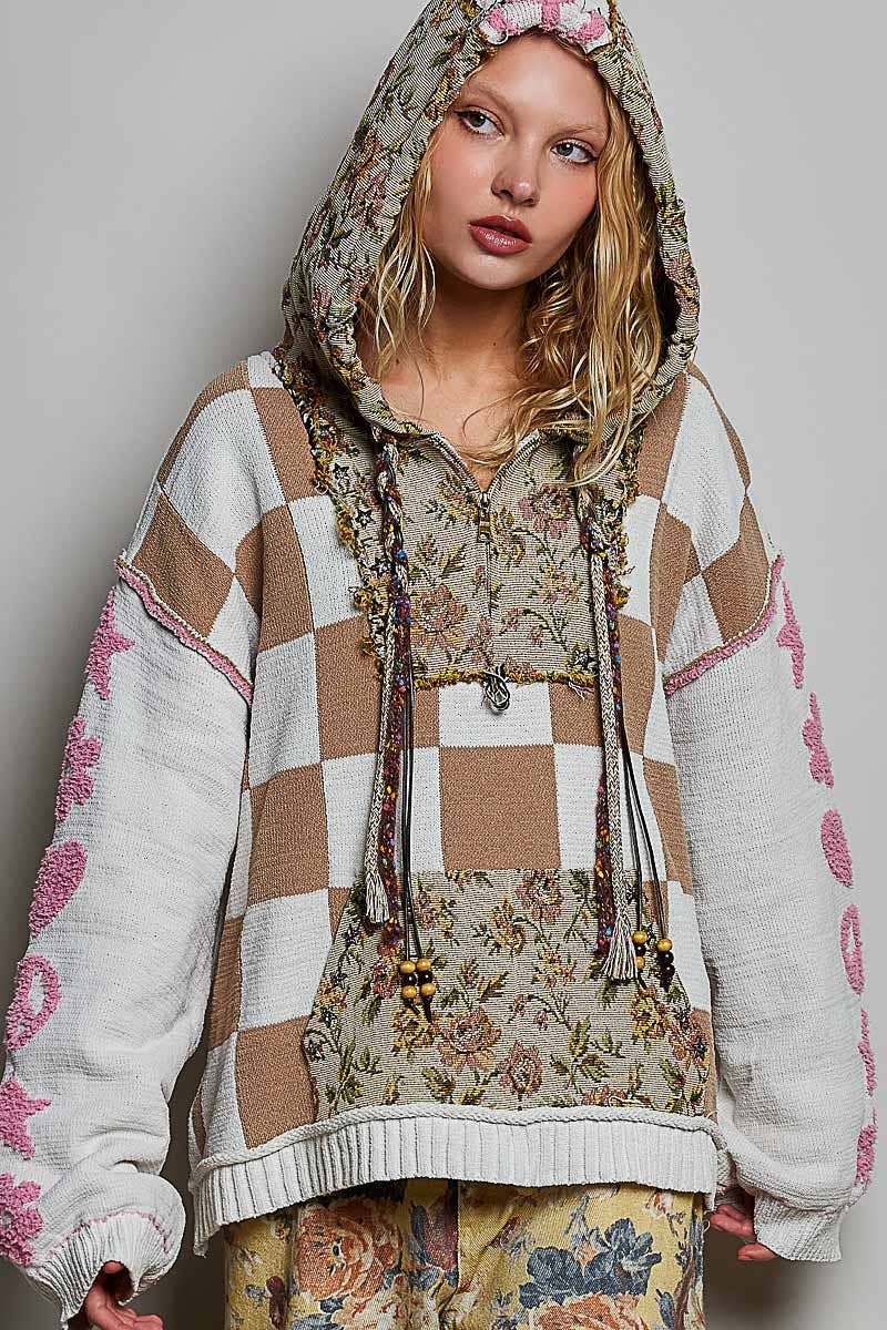 Checkerboard Floral Jacquard Knit Hoodie