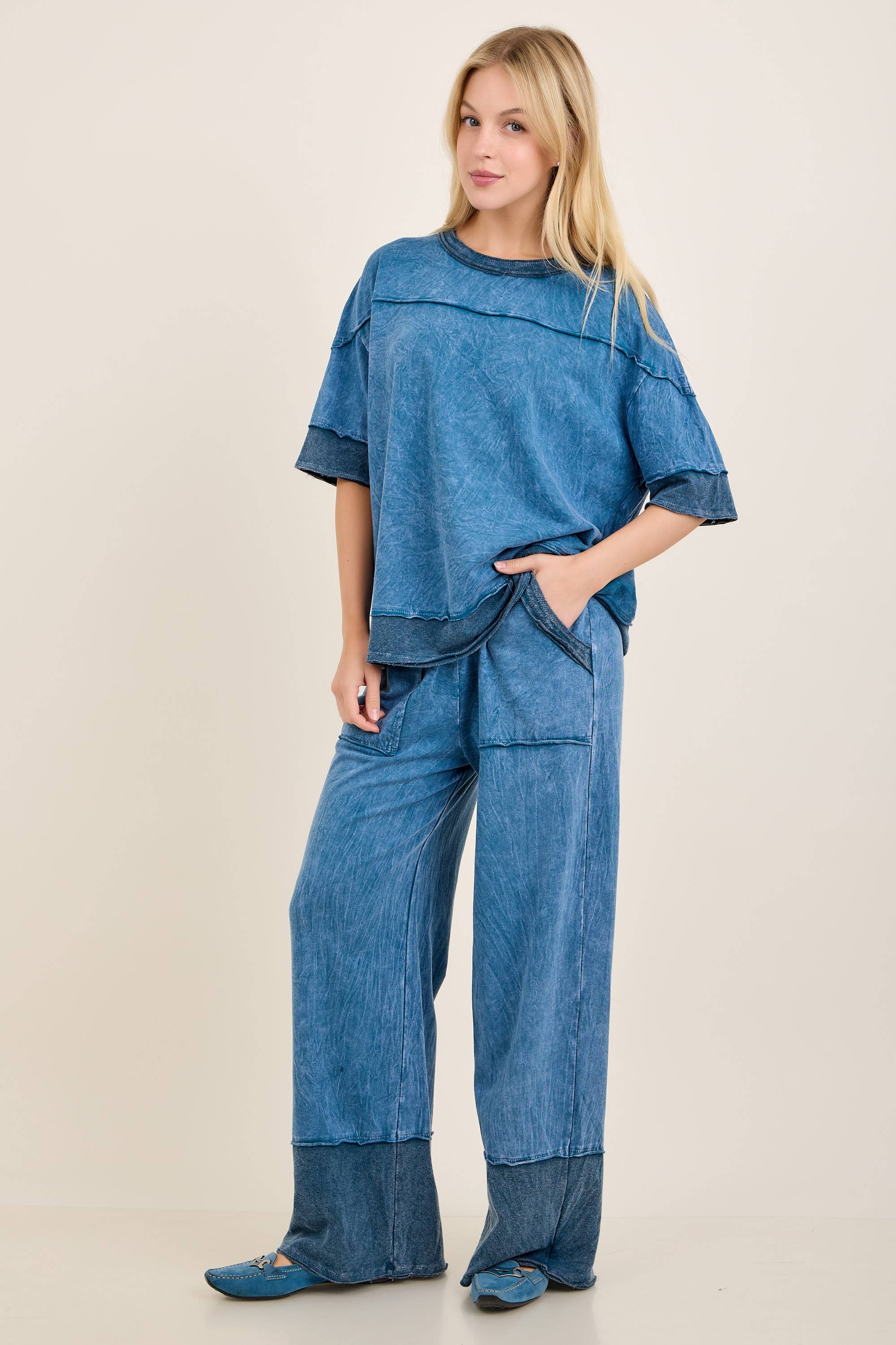 Mineral Washed Contrast Block Terry Top