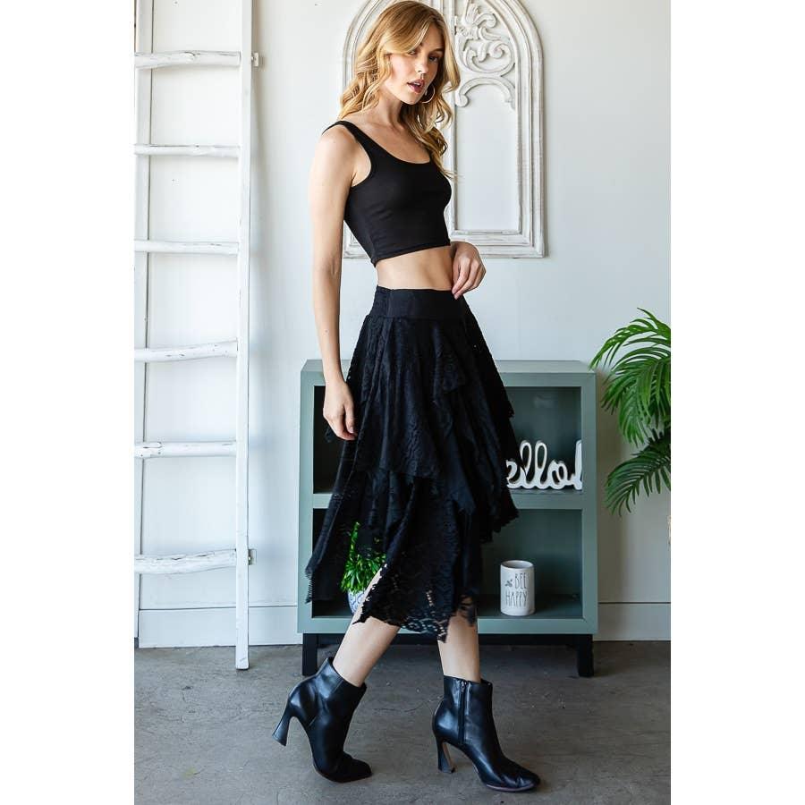 MULTI LACE MIXED MID SKIRT: BLACK / M - Random Hippie