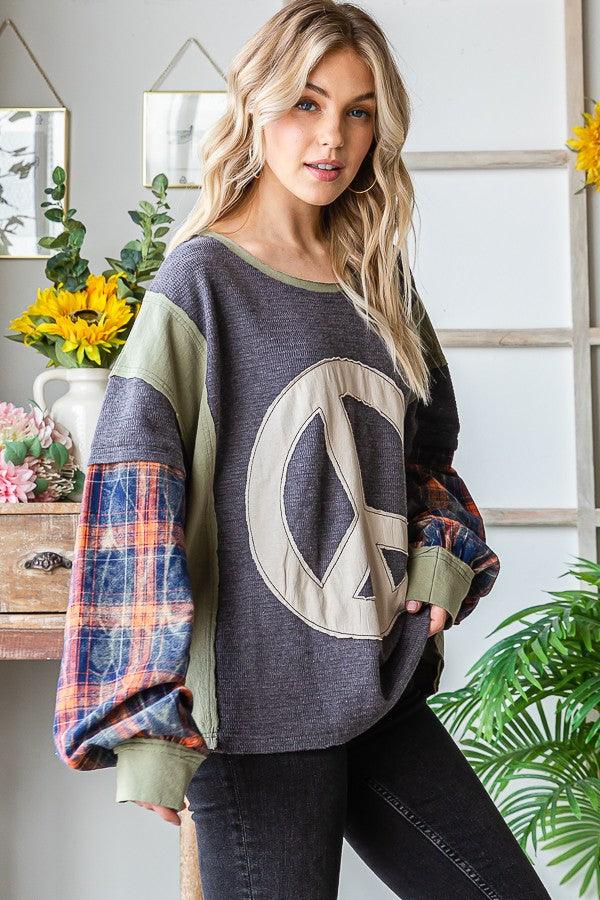 Peace Plaid Sleeve Pullover - Random Hippie