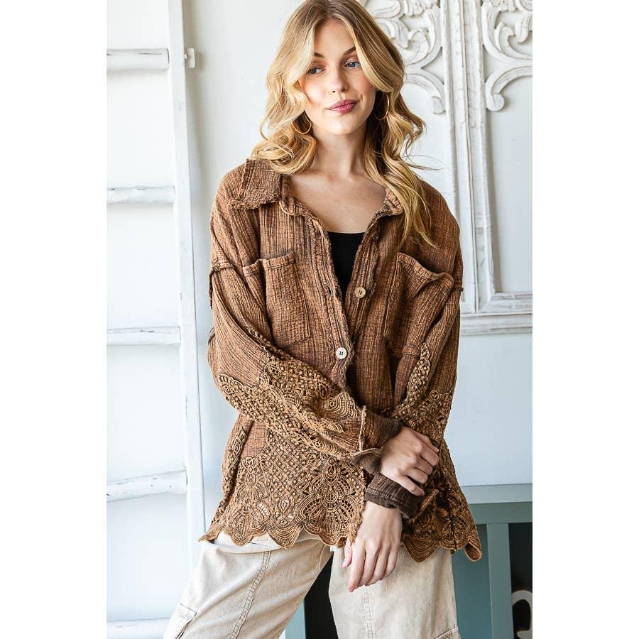 WASHED LACE MIXED BUTTONDOWN SHIRT: COFFEE / S - Random Hippie