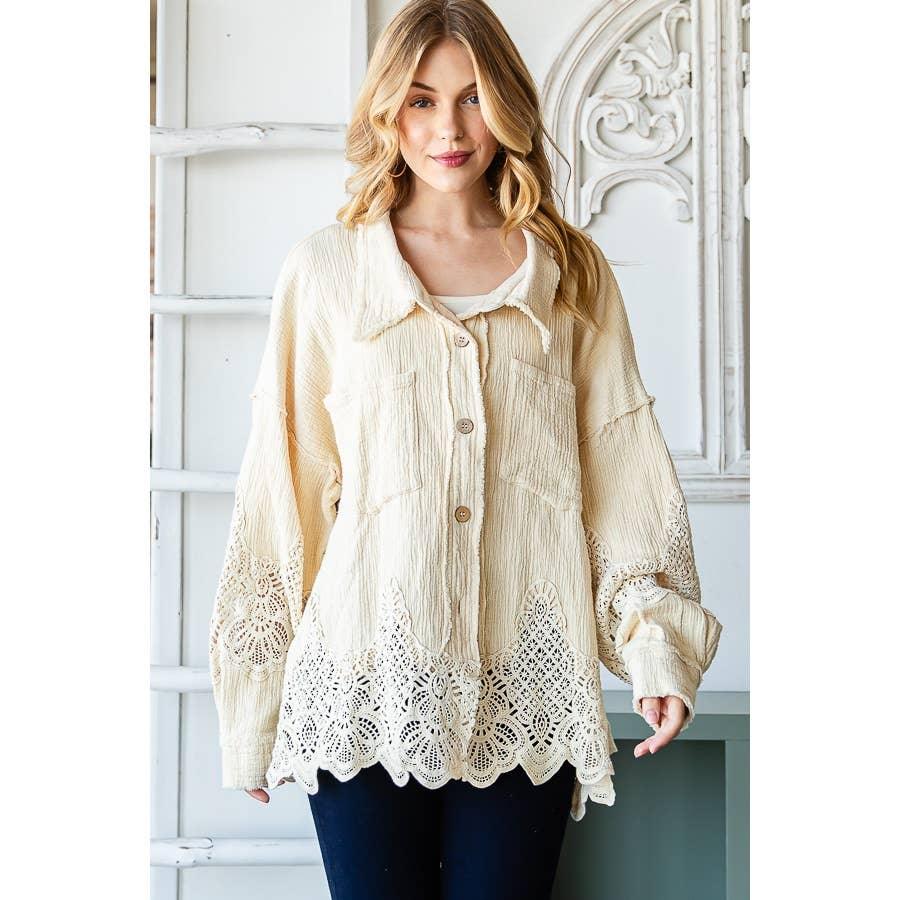 WASHED LACE MIXED BUTTONDOWN SHIRT: COFFEE / S - Random Hippie