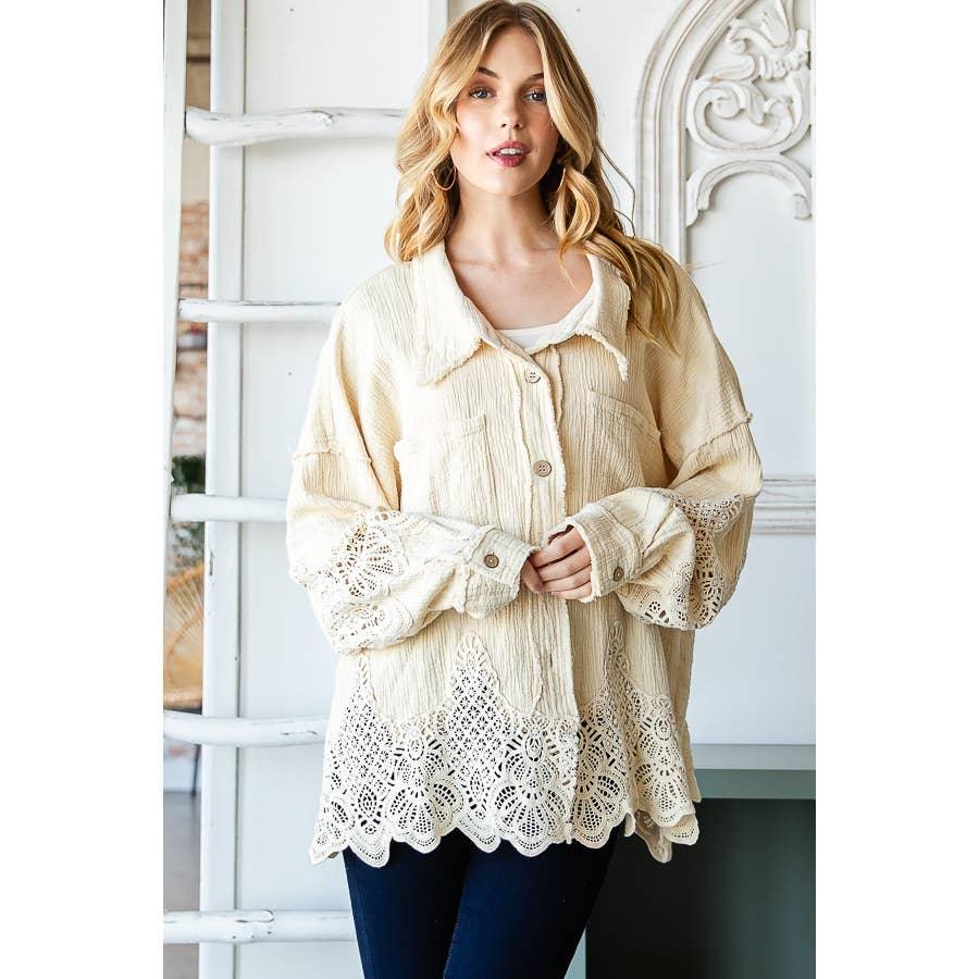 WASHED LACE MIXED BUTTONDOWN SHIRT: COFFEE / S - Random Hippie