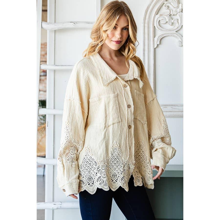 WASHED LACE MIXED BUTTONDOWN SHIRT: COFFEE / S - Random Hippie