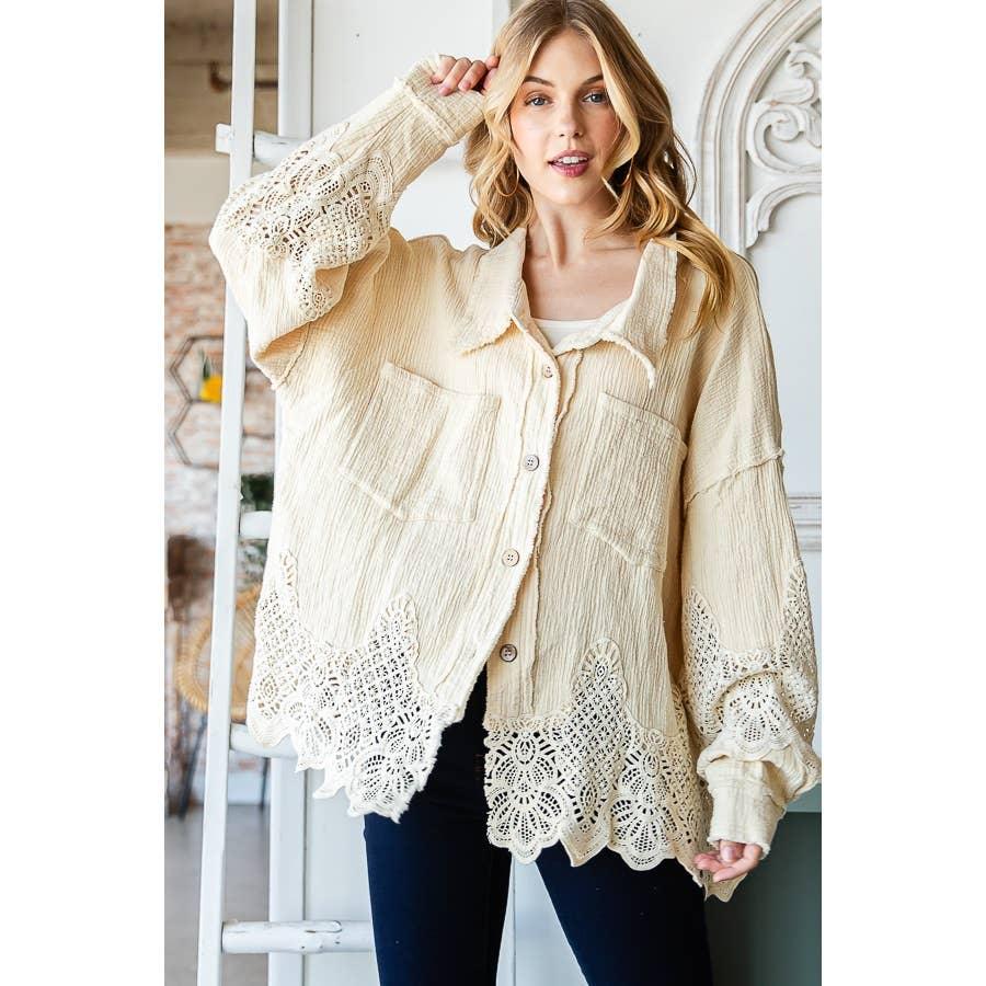 WASHED LACE MIXED BUTTONDOWN SHIRT: COFFEE / S - Random Hippie