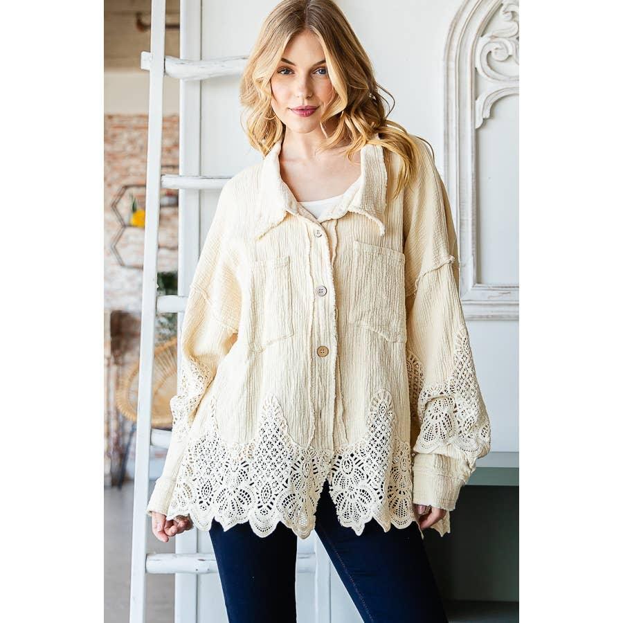 WASHED LACE MIXED BUTTONDOWN SHIRT: COFFEE / S - Random Hippie