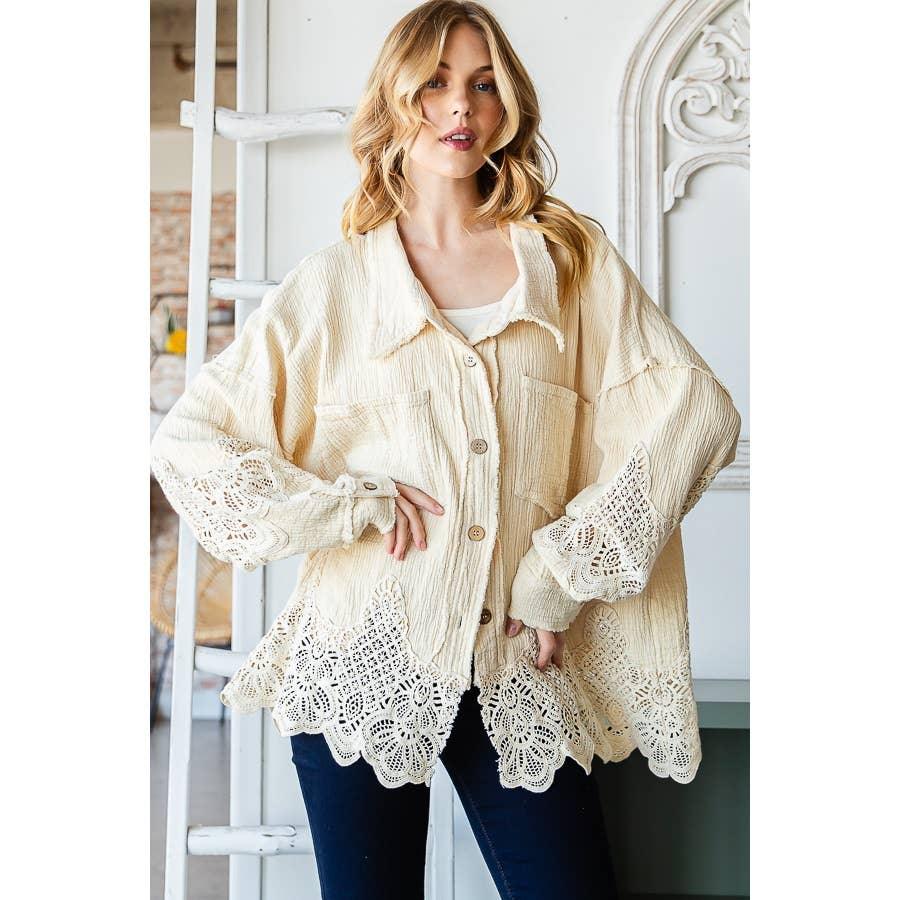 WASHED LACE MIXED BUTTONDOWN SHIRT: COFFEE / S - Random Hippie