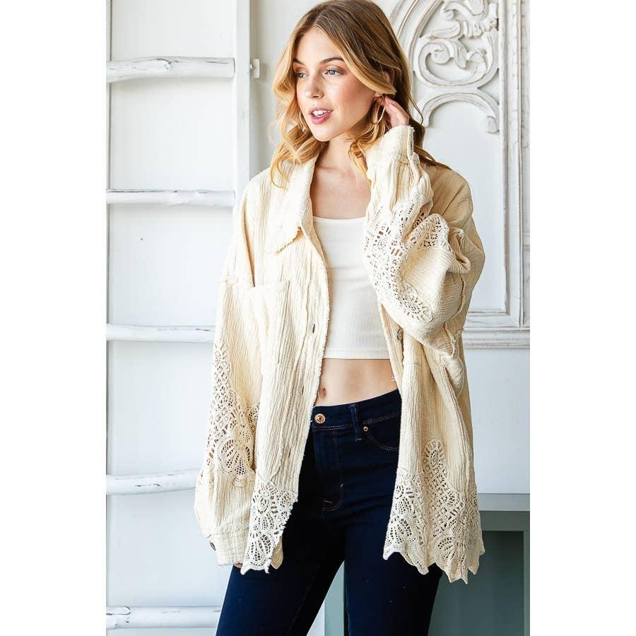 WASHED LACE MIXED BUTTONDOWN SHIRT: COFFEE / S - Random Hippie
