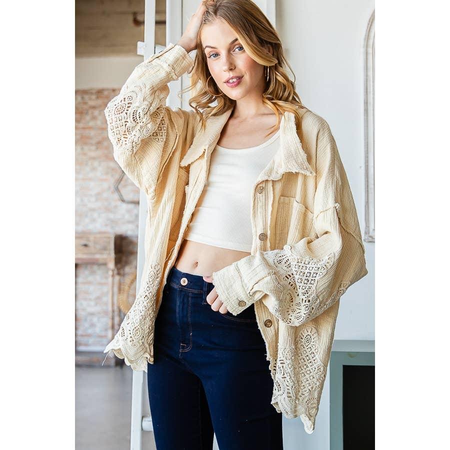 WASHED LACE MIXED BUTTONDOWN SHIRT: COFFEE / S - Random Hippie