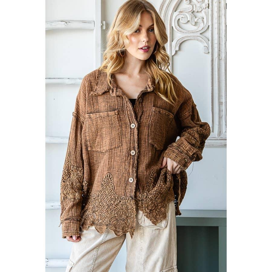 WASHED LACE MIXED BUTTONDOWN SHIRT: COFFEE / S - Random Hippie
