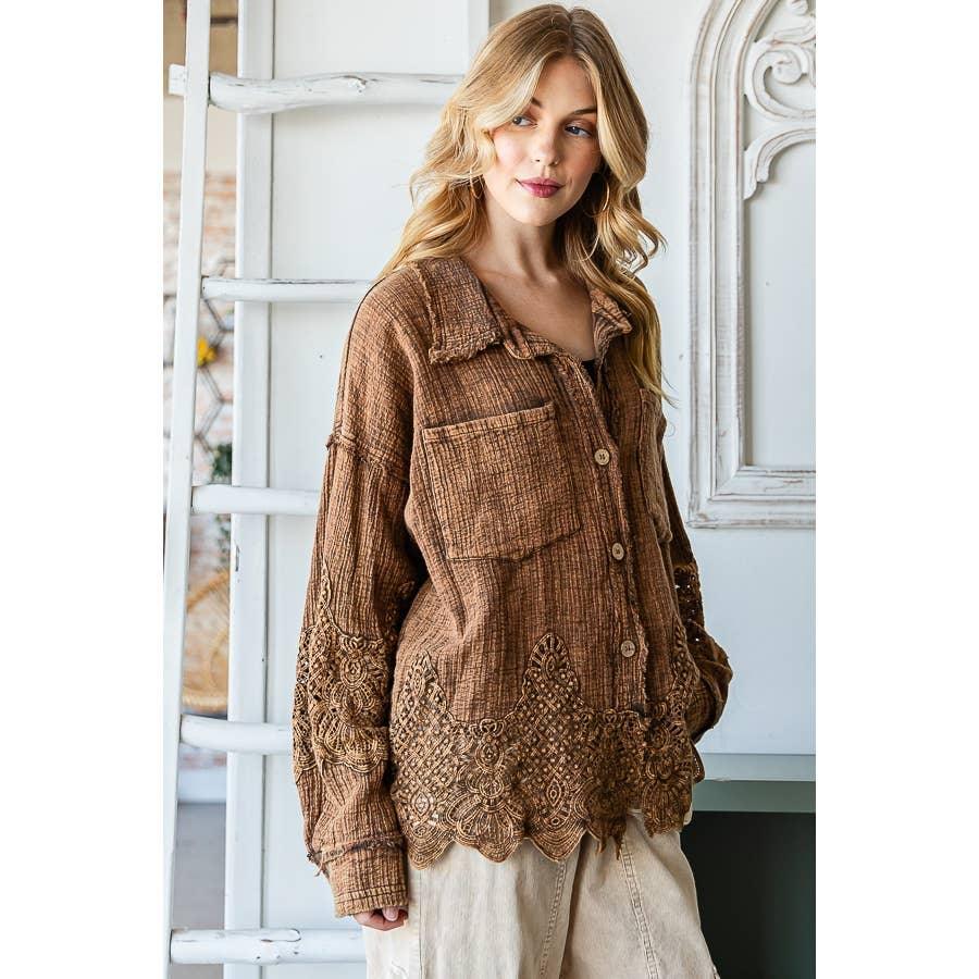 WASHED LACE MIXED BUTTONDOWN SHIRT: COFFEE / S - Random Hippie