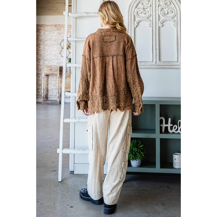 WASHED LACE MIXED BUTTONDOWN SHIRT: COFFEE / S - Random Hippie