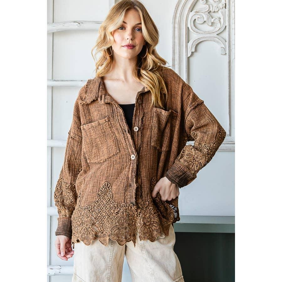 WASHED LACE MIXED BUTTONDOWN SHIRT: COFFEE / S - Random Hippie