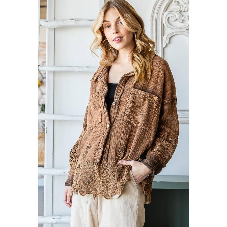 WASHED LACE MIXED BUTTONDOWN SHIRT: COFFEE / S - Random Hippie