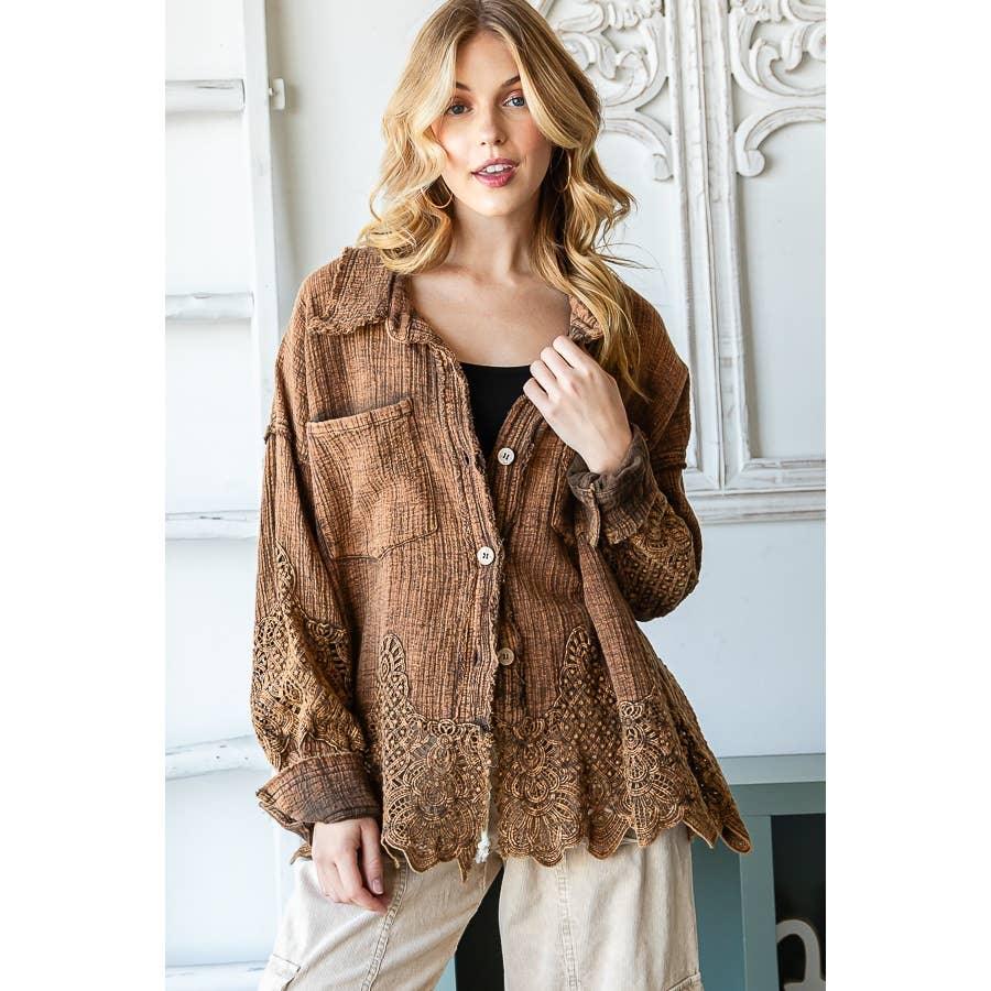 WASHED LACE MIXED BUTTONDOWN SHIRT: COFFEE / S - Random Hippie