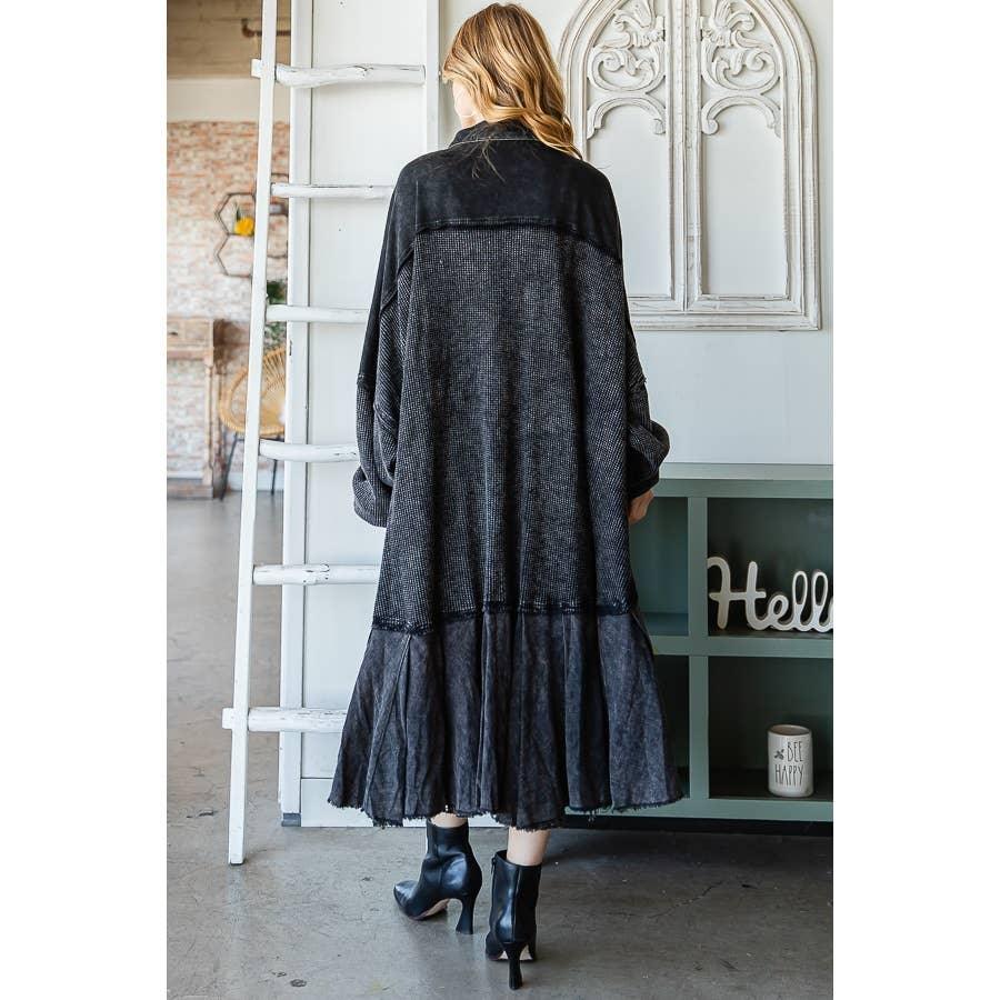 WASHED WAFFLE LONGLINE SHIRTS TOP: BLACK / S - Random Hippie