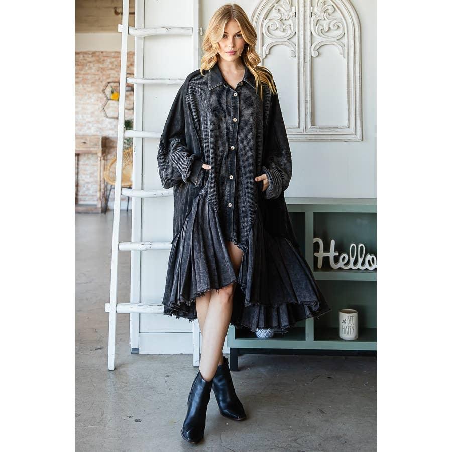 WASHED WAFFLE LONGLINE SHIRTS TOP: BLACK / S - Random Hippie