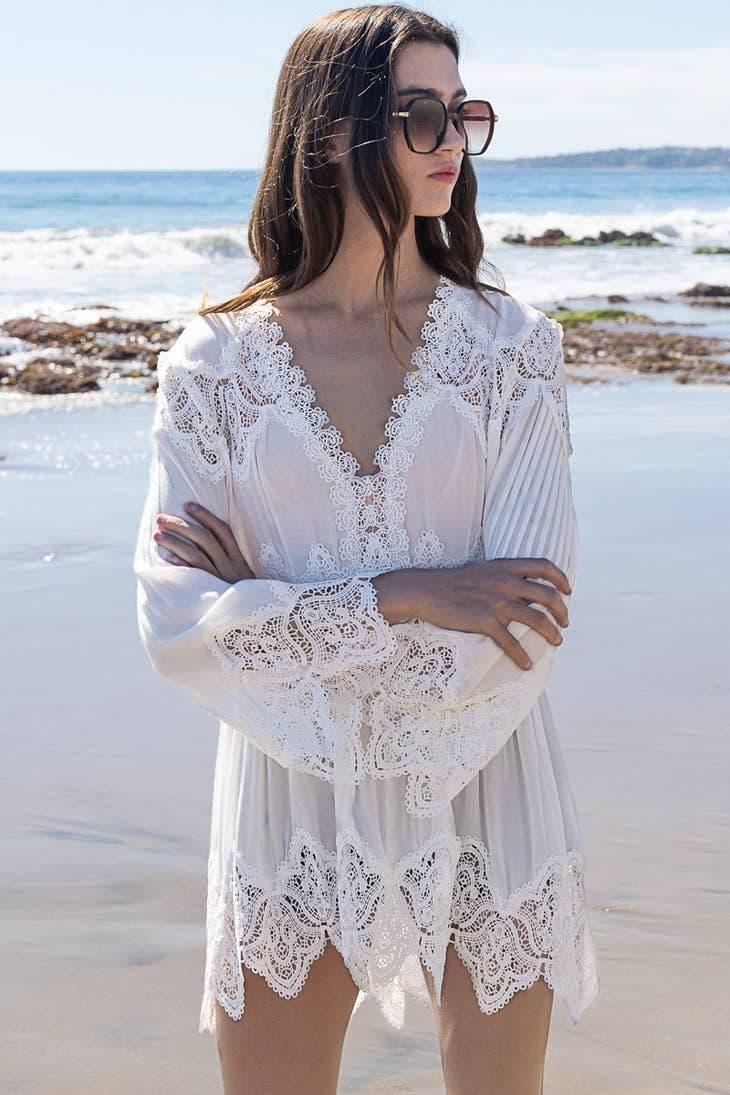 Bell Sleeve Crochet Inset V-Neck Top - Random Hippie
