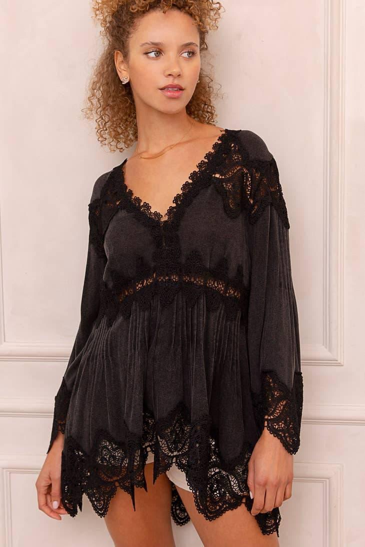 Bell Sleeve Crochet Inset V-Neck Top - Random Hippie