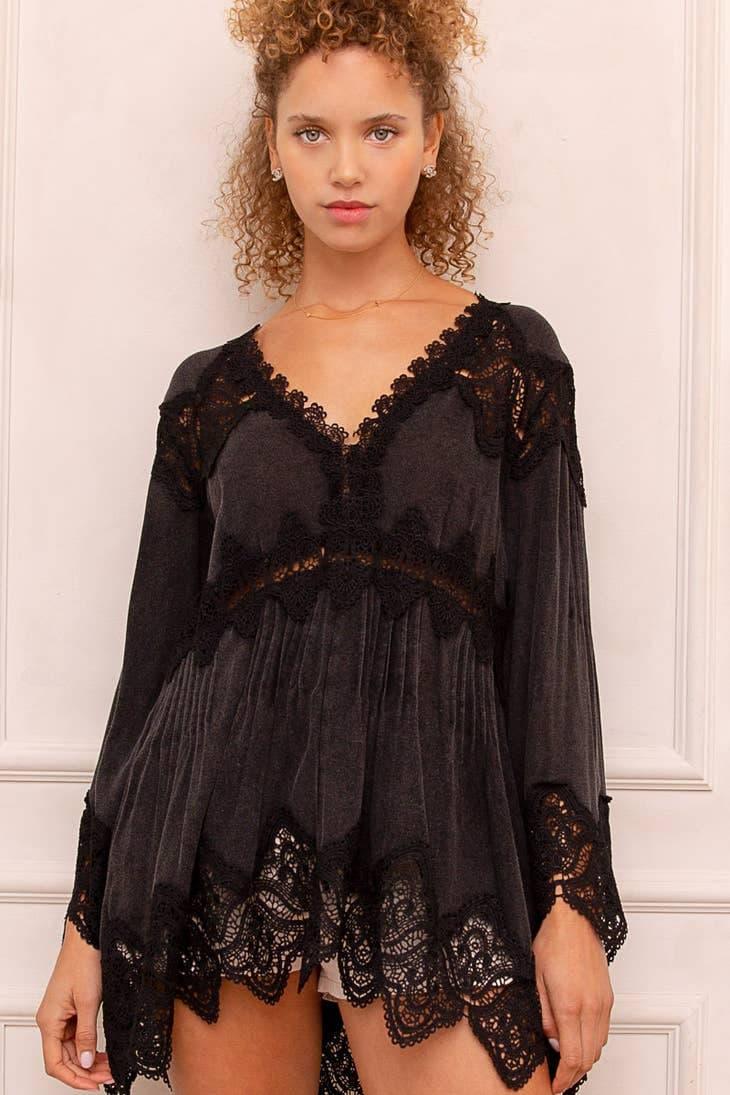 Bell Sleeve Crochet Inset V-Neck Top - Random Hippie