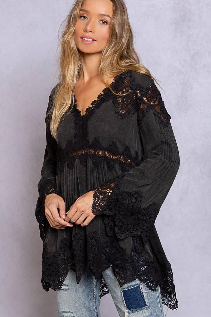 Bell Sleeve Crochet Inset V-Neck Top - Random Hippie
