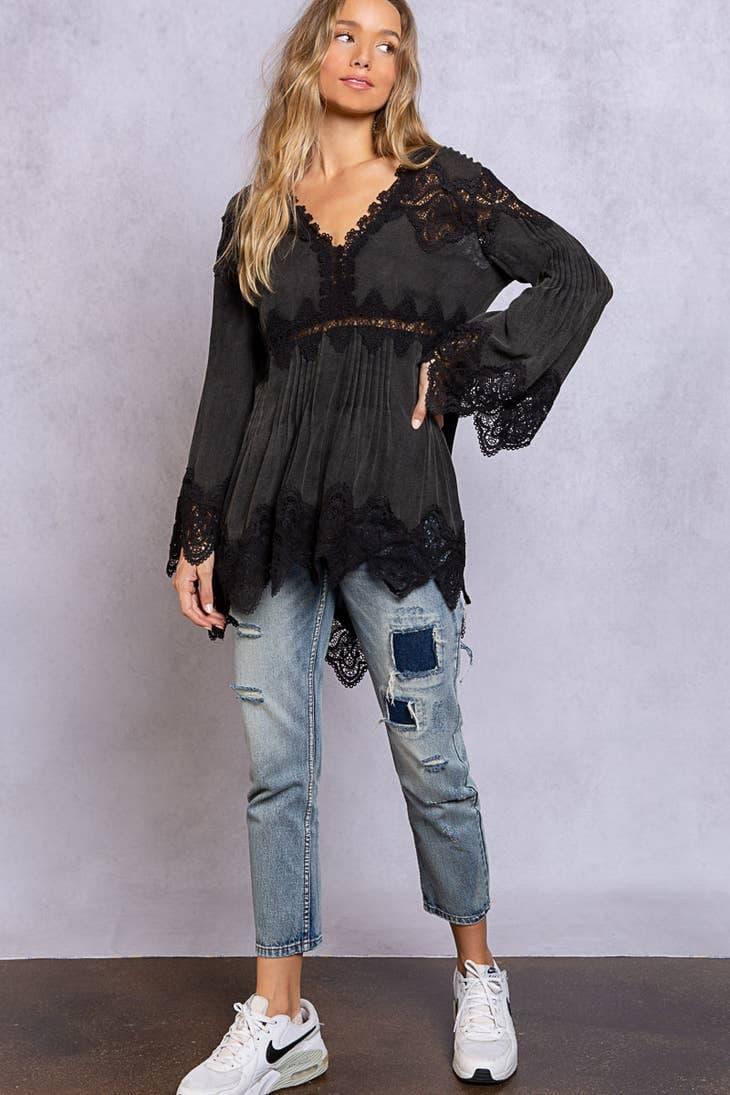Bell Sleeve Crochet Inset V-Neck Top - Random Hippie