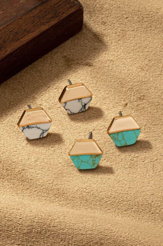 Hexagon Metal and Stone Stud Earrings - Random Hippie