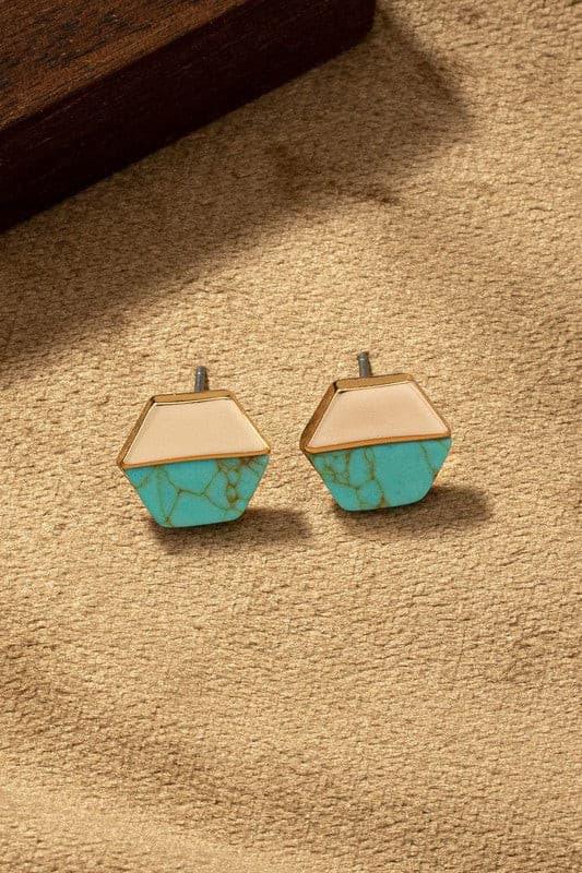 Hexagon Metal and Stone Stud Earrings - Random Hippie