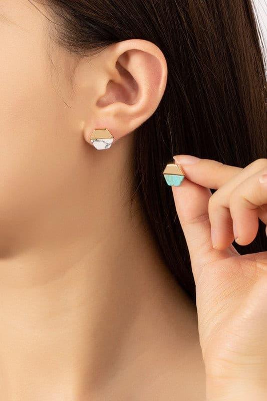 Hexagon Metal and Stone Stud Earrings - Random Hippie