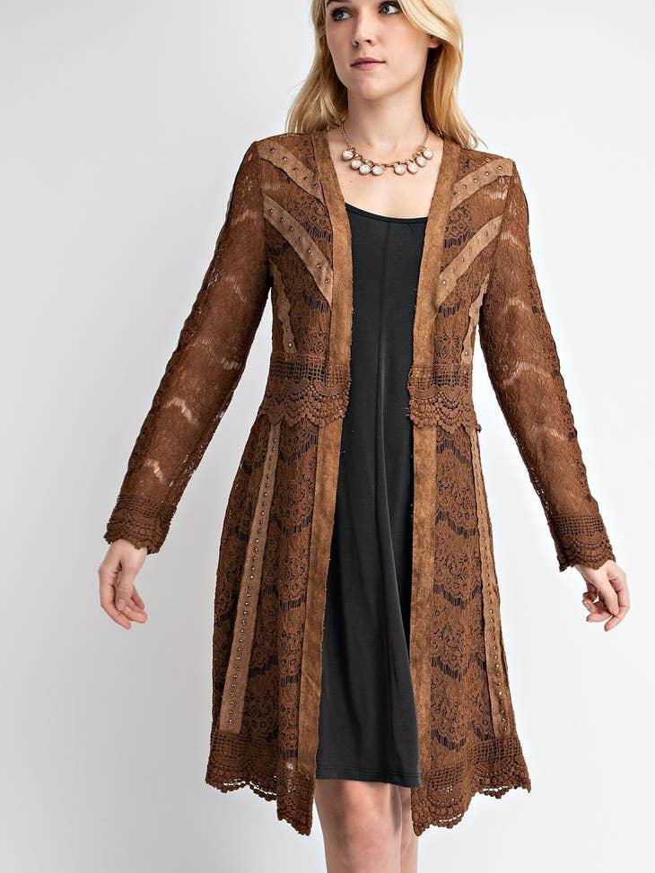 Lace Cardigan with Studded Suede Details - Random Hippie