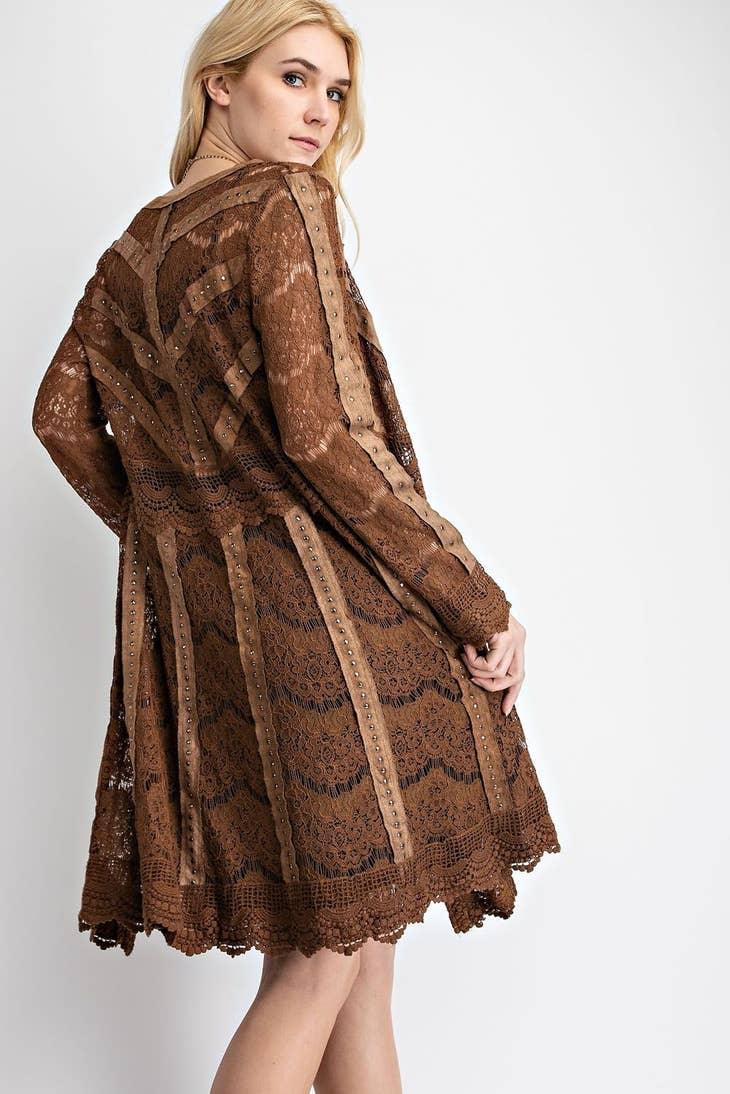 Lace Cardigan with Studded Suede Details - Random Hippie