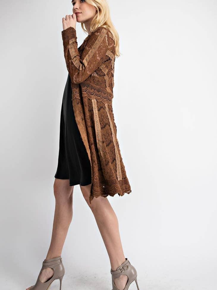 Lace Cardigan with Studded Suede Details - Random Hippie