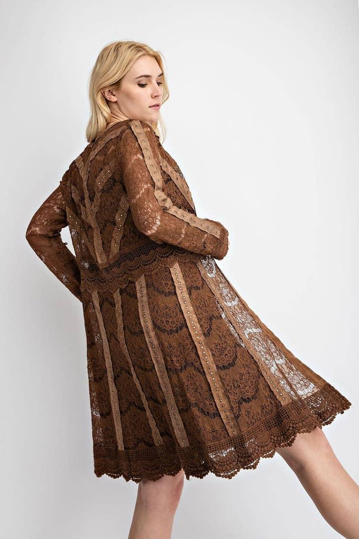 Lace Cardigan with Studded Suede Details - Random Hippie