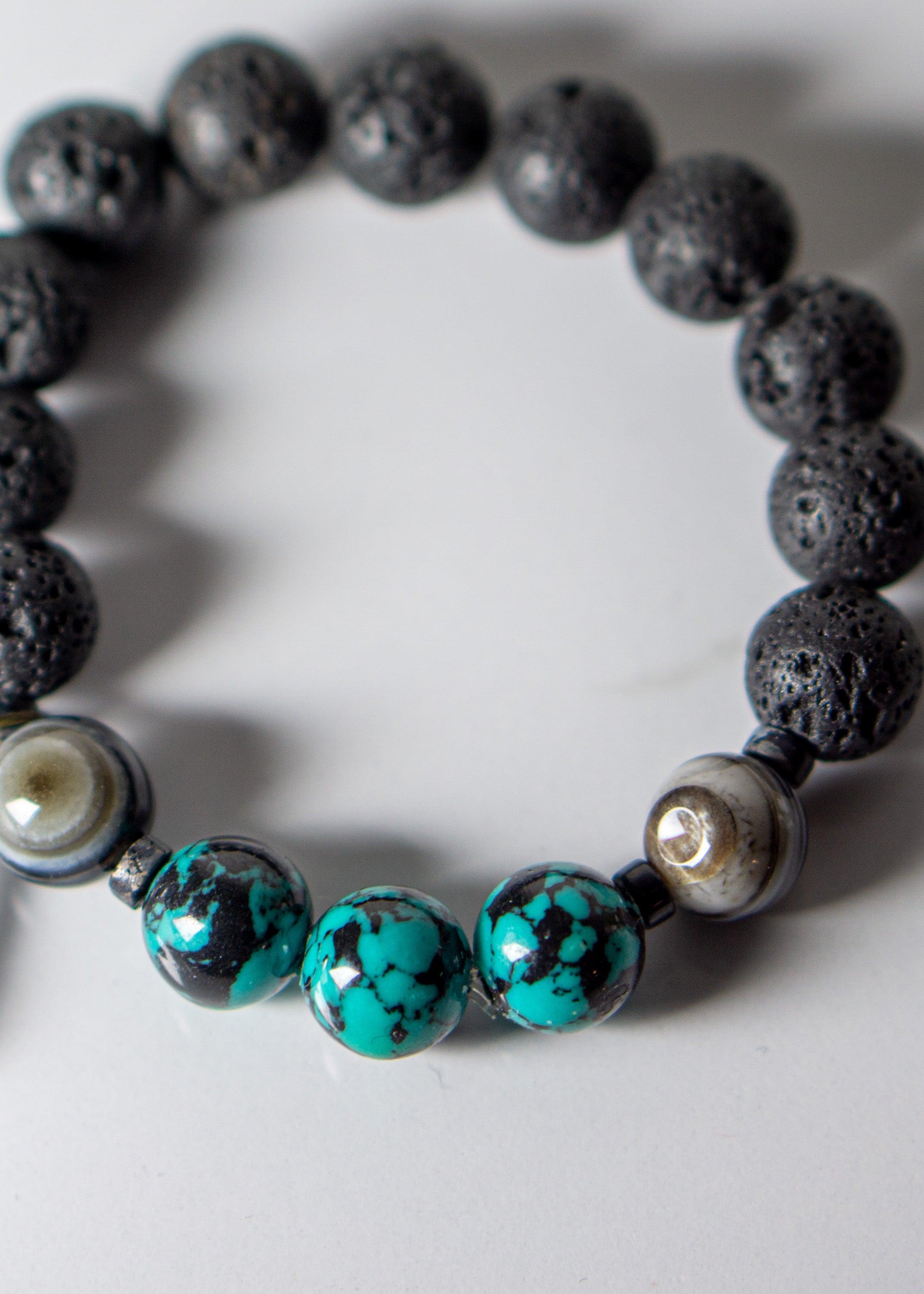 Turquoise Stone + Banded Black Agate + Lava Stone Bracelet B040 - Random Hippie