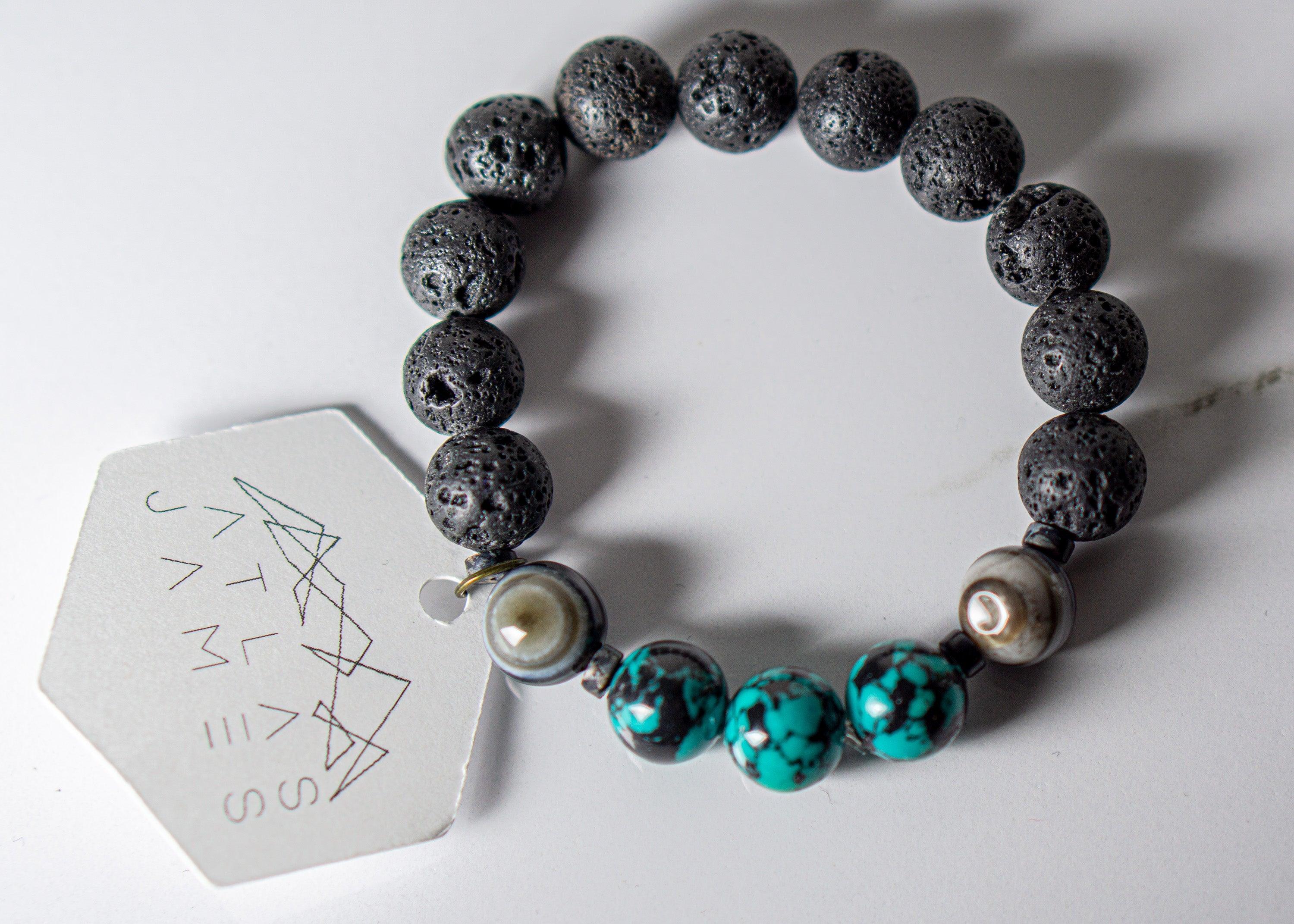 Turquoise Stone + Banded Black Agate + Lava Stone Bracelet B040 - Random Hippie