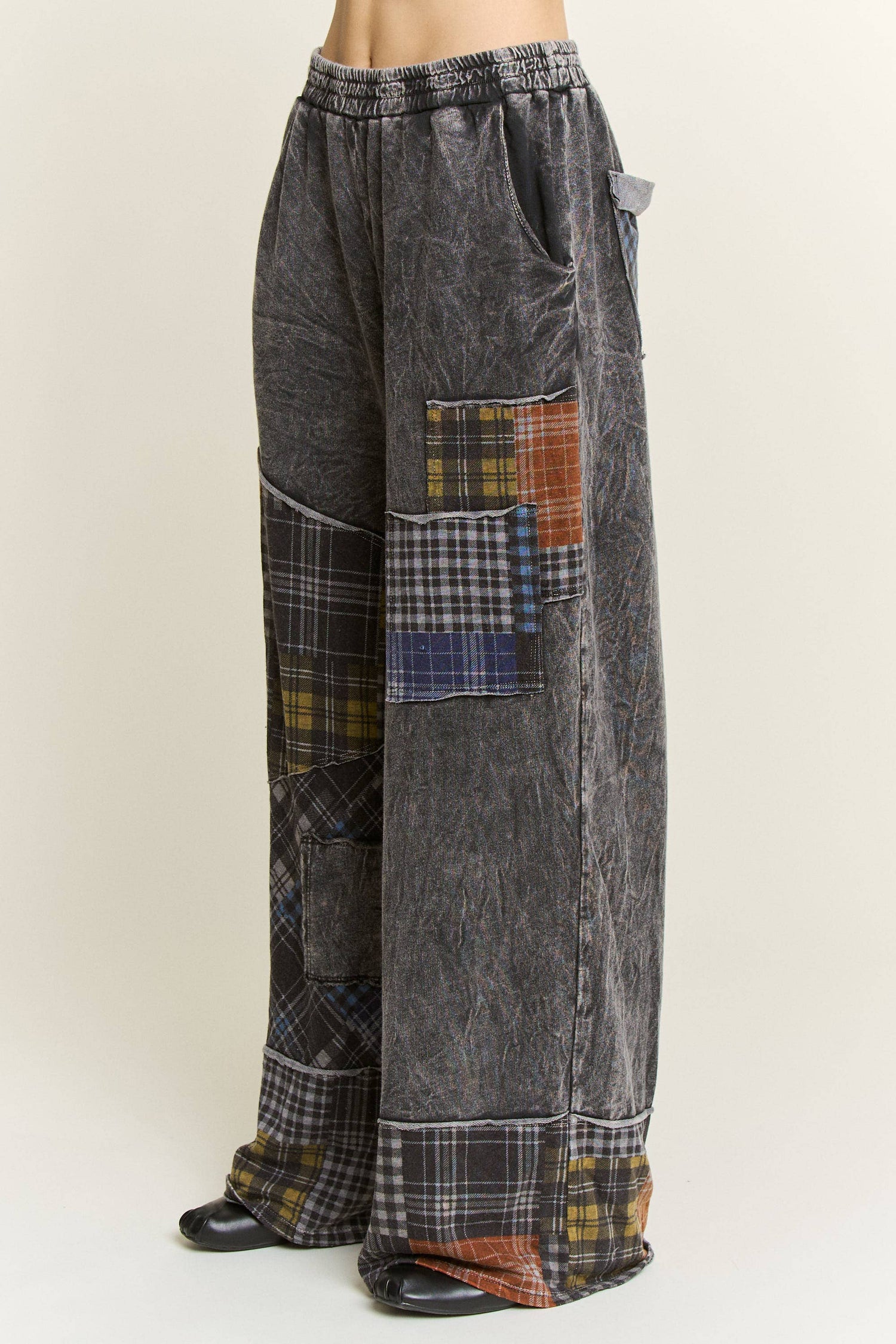 Mineral Washed Boho Plaid Patchwork Wideleg Pants