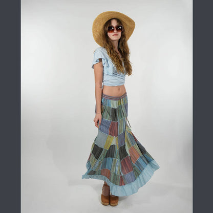 Patchwork Elastic Drawstring Waist Maxi Skirt