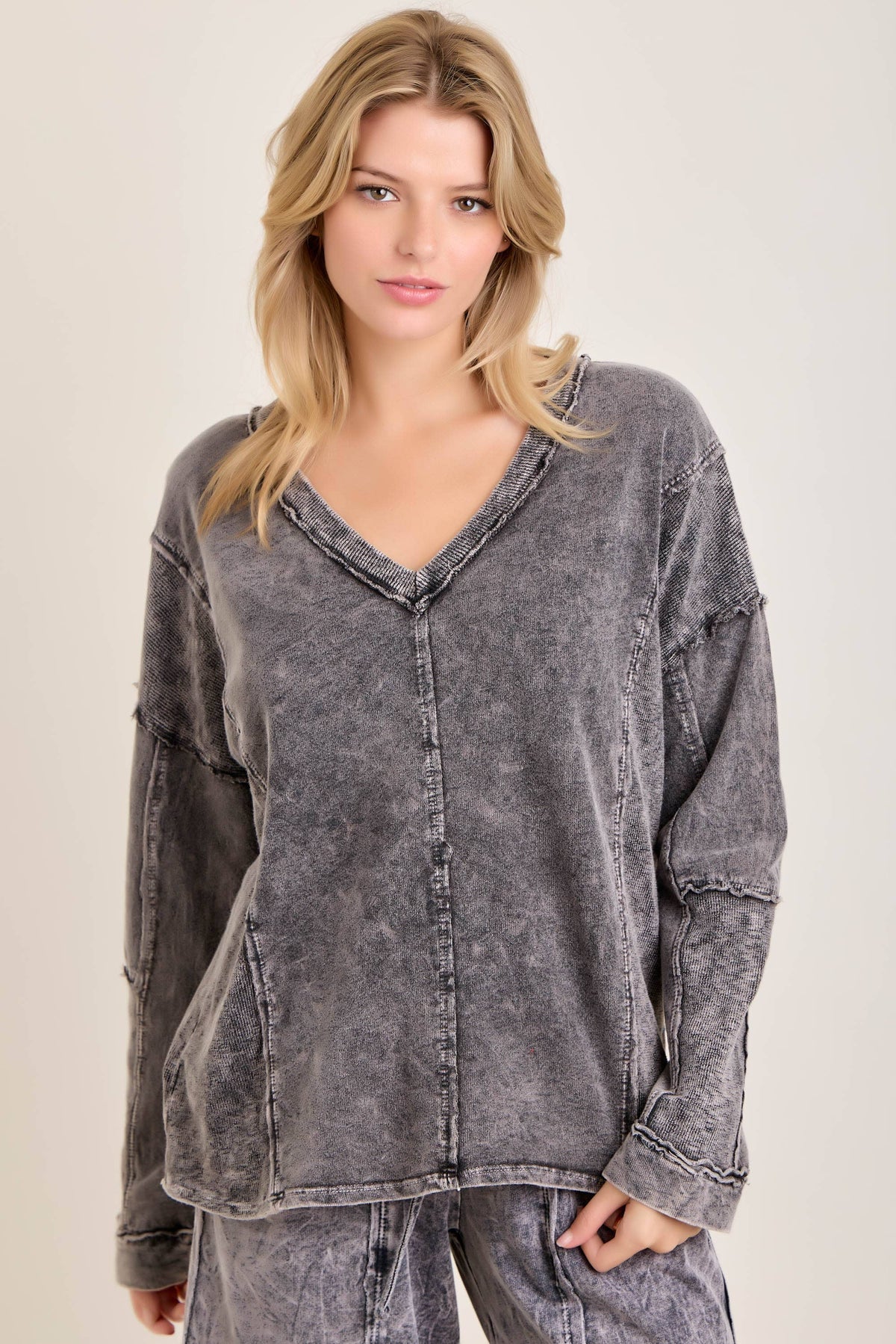 Mineral Washed Sweater Weather Vneck Knitted Top