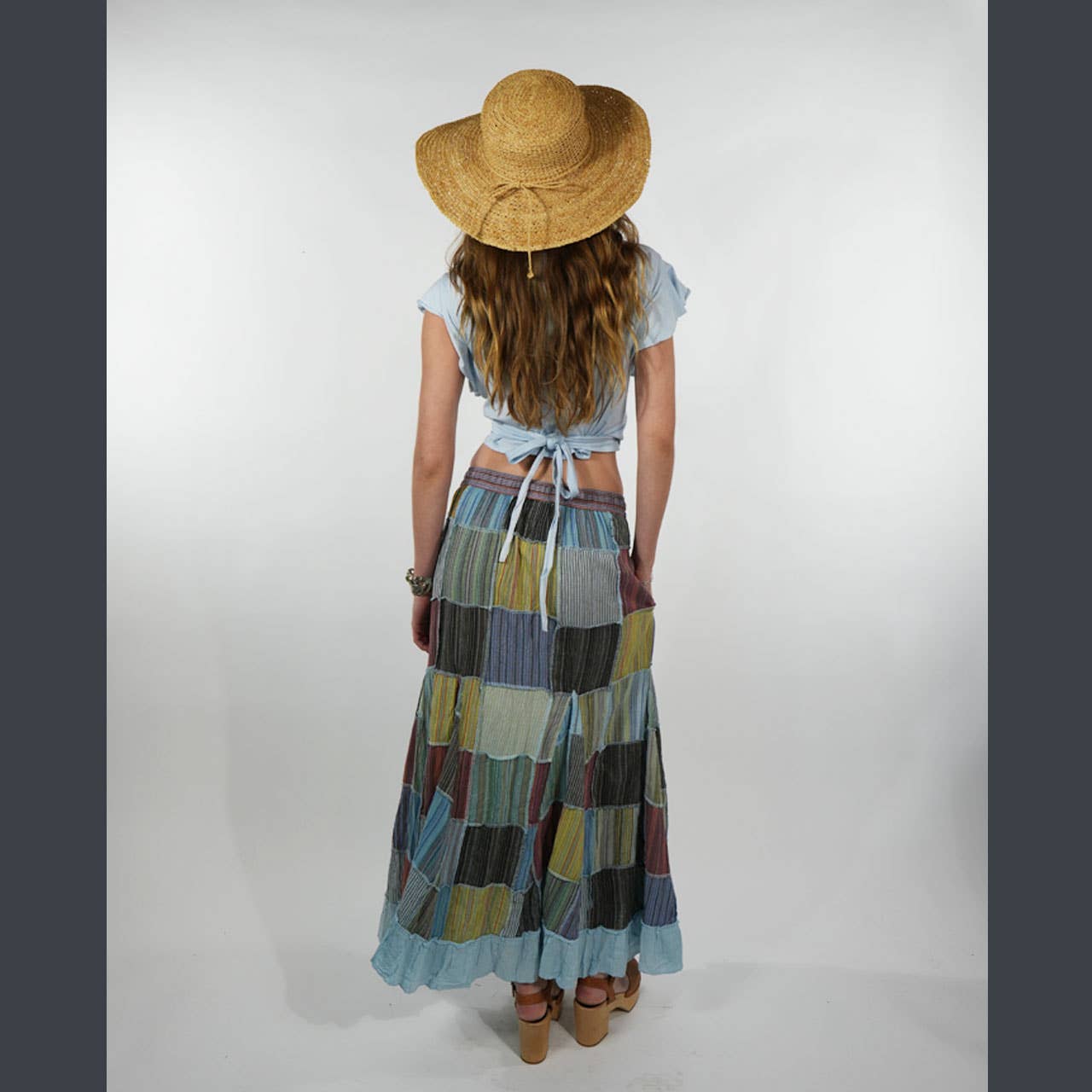 Patchwork Elastic Drawstring Waist Maxi Skirt