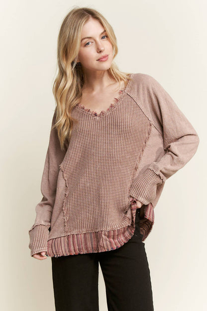 Mineral Wash Frayed Stripe Waffle Melangie Knittop
