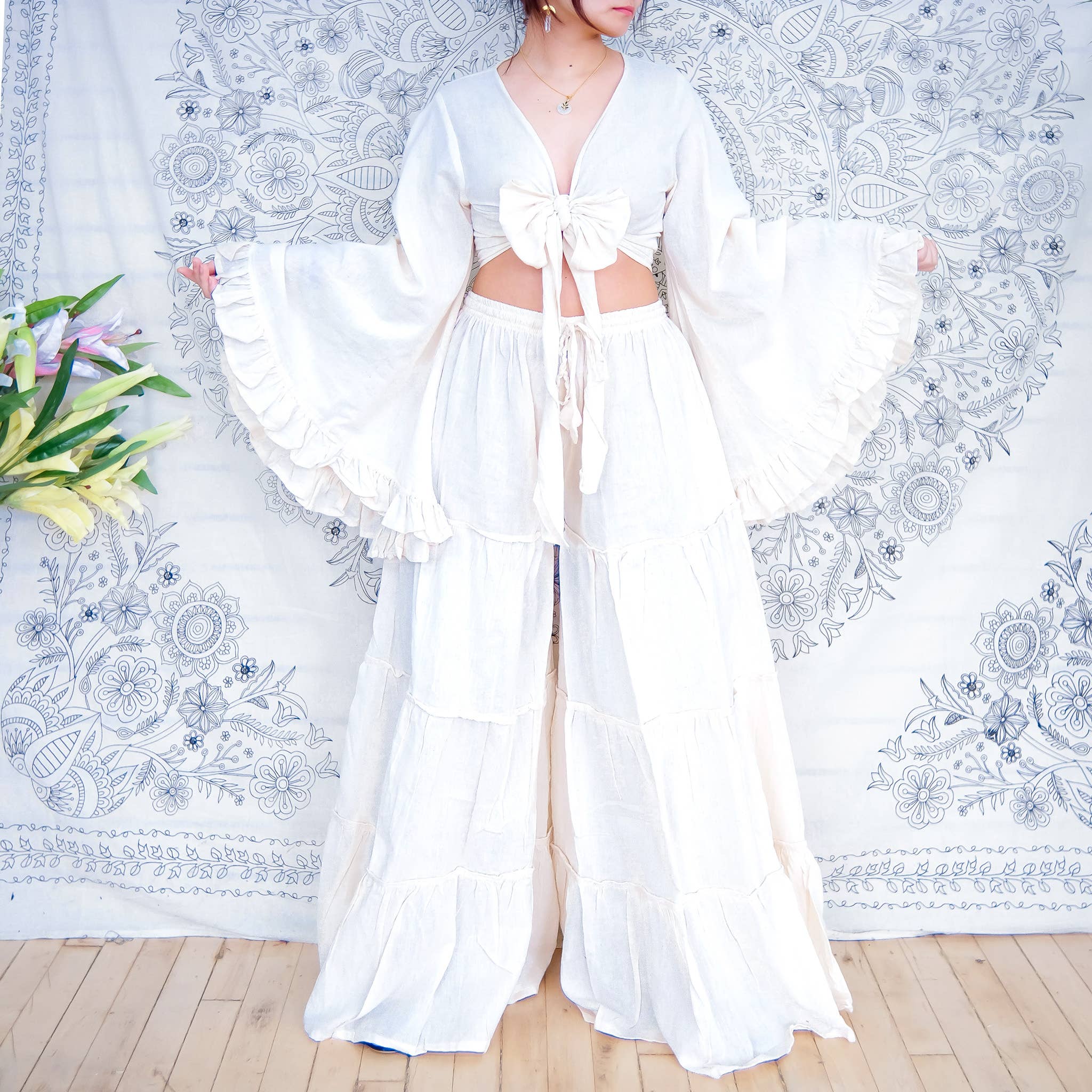 Cotton Flowy Tiered Pant with Ruffle Sleeve Set