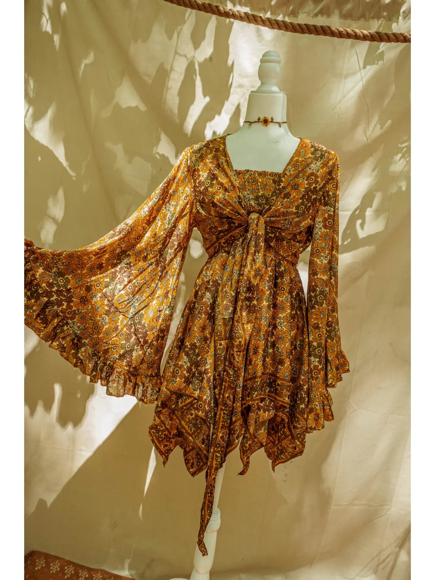 2 Piece Matching Set - Hippie Bohemian Fairy Bell Sleeve Top and Dress